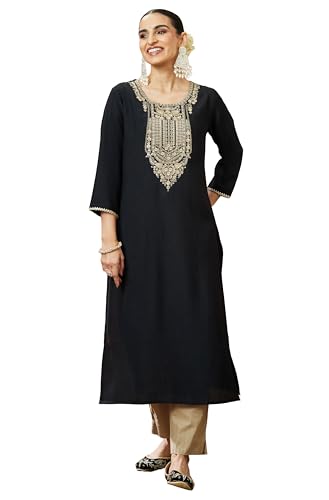 Kurta noir en soie Janasya à coupe droite pour vos soirées et fêtes