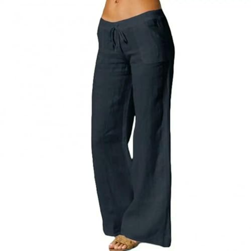 SOLARAMINDS Women Fashion Casual Pants Solid Color Pockets Drawstring Elastic Wide Leg Pants Women's Yoga Pants-Navy Blue-L