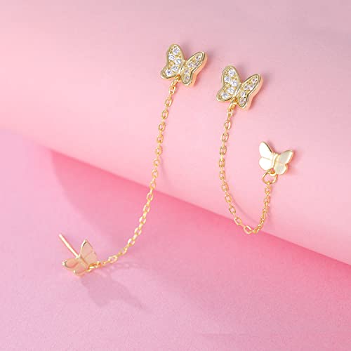 Reffeer 925 Sterling Silver Double Holes CZ Butterfly Chain Stud Earrings Two Butterfly Cuff Climber Earrings for Women Teen (Yellow) by Reffeer - Image 5