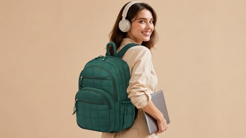 Image of Bookbag for Women, Teen Girls Backpack for High School College Student, Puffer Quilted Back Pack Cute Laptop Backpack for Work Travel Mom Casual Daypack, Dark Green