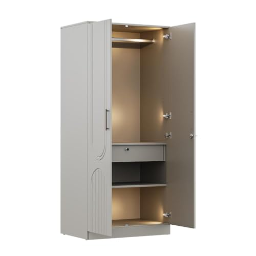 Image of Wakefit Wardrobe for Bedroom | 3 Yr Warranty | Cupboard for Bedroom, Almirah, Wooden Wardrobe, Comes with LED light, Multi-Shelves, Drawer & Hanger, Density:680-750 kg /m, Free Installation(Tyrian-LG)