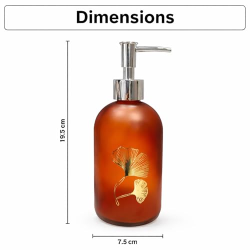 Image of Luxe Home International Flower Print Glass Soap Dispenser for Bathroom and Kitchen Sink Leak Proof Liquid Hand Wash Round Bottle Lightweight Smooth Finish (19.5x7.5 cm Red-Brown) Pack of 1