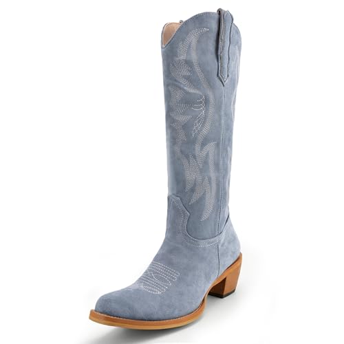 Image of GORBINETI Women Cowboy Boots Mid Calf Cowgirl Western Boots Embroidered Suede Pull On Almond Toe Chunky Heel
