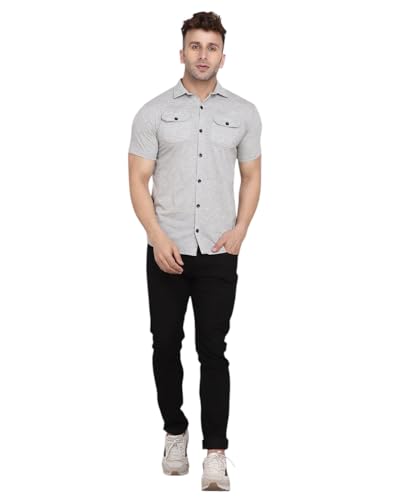 Image of Men's Half Sleeve Shirt - Spread Collar Casual Shirt with Double Flap Pockets - Slim Fit Cotton Blend Button-Down