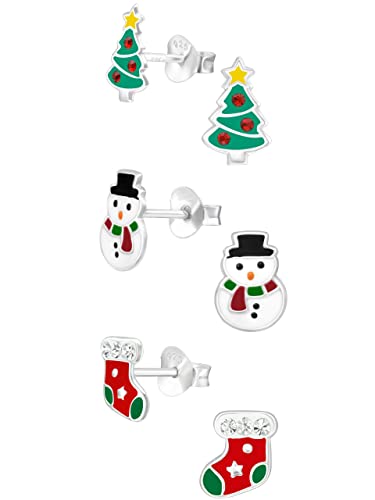 925 Sterling Silver (SET OF 3) Christmas tree, stocking, snowman Stud Earrings