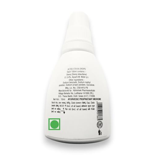 Image of ALTOS Ayurveda Stevia Drops - Natural Sweetener, Zero Calories, Zero Aspartame, Liquid Form, Diabetic Friendly, Weight Management, Made with Natural Stevia Leaves Extract, 30 Millilitre