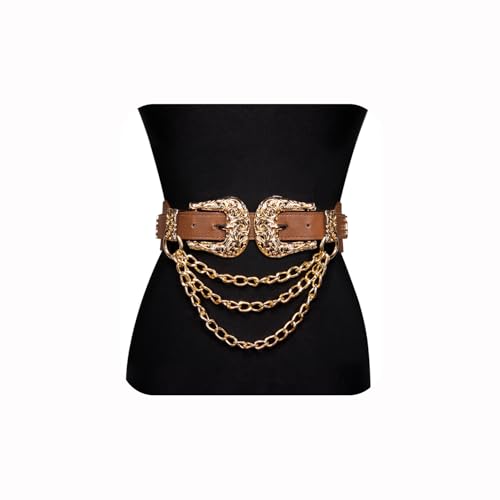 Image of Dubulle Womens Belt Chain Leather Belts Vintage Western Adjustable Elastic Double Buckle for Cowboy Pant Dress