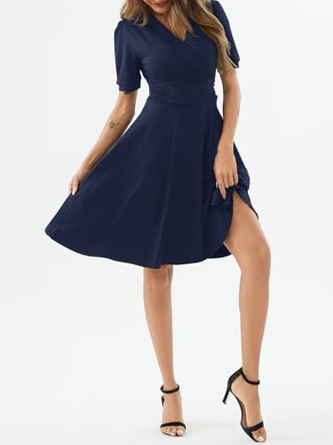 Image of Women's Summer Casual Dress Short Sleeve Wrap V-Neck A-Line Dress Sundress Wedding Guest Cocktail Midi Dresses