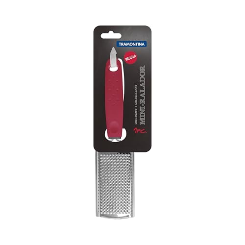 Image of Tramontina Utilita Stainless-Steel Mini-Grater - Red Polypropylene Handle - Ideal for Grating Cheese, Garlic, Ginger, Nutmeg, and Citrus Zest
