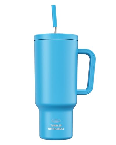 CCN Termos con pajita, taza térmica de 1.2 L que mantiene el calor durante 10 horas y se enfría durante 34 horas, sin BPA, de acero inoxidable con pajita, 100% impermeable, Azul Cielol