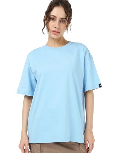 Image of Bewakoof Women's Solid Oversized Fit Half Sleeve Round Neck Cotton Jersey T-Shirt