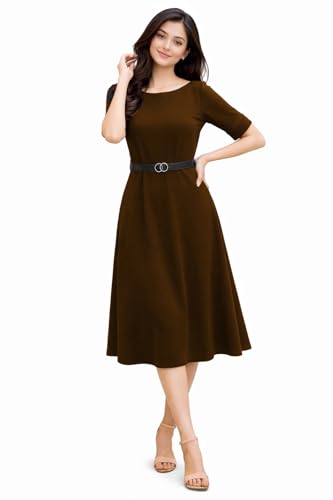 Image of Women's Elegant Midi Dress with Belt | Half Sleeve Fit & Flare Casual Dress | Knee Length Office Party Western Dress for Women