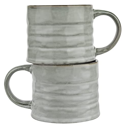 KooK Glazed Coffee Mugs, Ceramic, Microwave & Dishwasher Safe, 13 oz, Java/Slate Lined, Set of 2