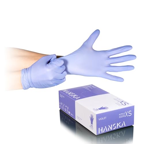 HANSKA Guantes desechables de nitrilo morado, sin polvo, desechables, ambientestériles, base de goma, aptos para entornos médicos, manipulación de alimentos (1000, XS)