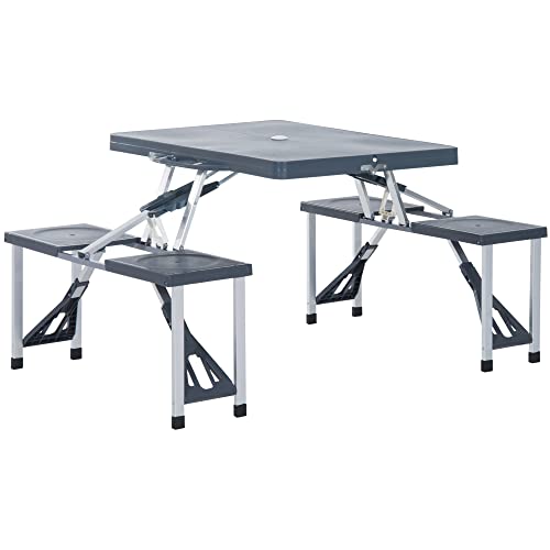Outsunny Mesa Maleta de Camping Plegable Port&aacute;til 4 Asientos y Agujero Sombrilla Estructura Aluminio Playa Picnic 136x84,5x66 cm (Gris)