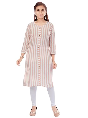 Image of Aarika Girls Peach Colour Cotton Striped Kurti