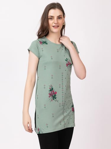 Image of Women Printed Cotton Tshirt with Side Slits & Pocket