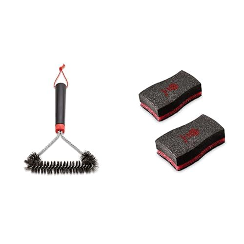 Weber Three-Sided Grill Brush Dreiseitige Grillbürste, 30 cm, Schwarz/Silber, 6277 & 17688 Reinigungsschwamm, 2 Stück, 25.0 x 6.0 x 9.0 cm