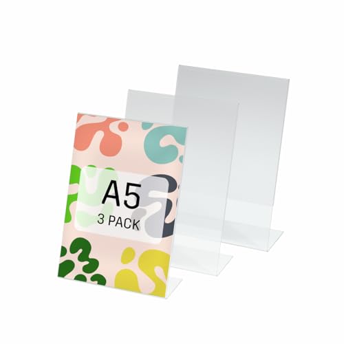 SY112 Espositore da tavolo inclinato, 14,8x21x6,3 cm, per A5 verticale,, per bancone, ristorazione, ufficio, matrimonio, etc, acrilico, trasparente, 3 pezzi