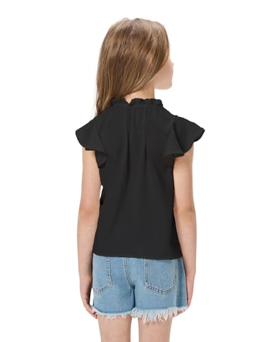 Image of Teen Girls Black Flying Short Sleeve Shirts, Ruffle Chiffon Kids Summer T Shirt Blouse, Casual Cute V Neck Girls Black Top Tees, Size 13-14 Years