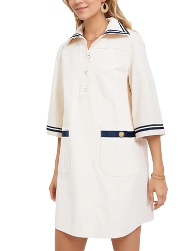 Image of Kedera Women Short Sleeves Button Shift Dress V Neck Summer Tshirt Dress with Pockets