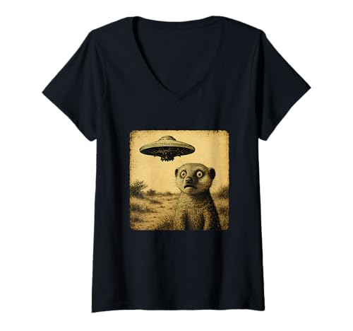 Mujer Mangosta OVNI Sorprendido Vintage Alien Ciencia Ficción Encuentro Divertido Camiseta Cuello V