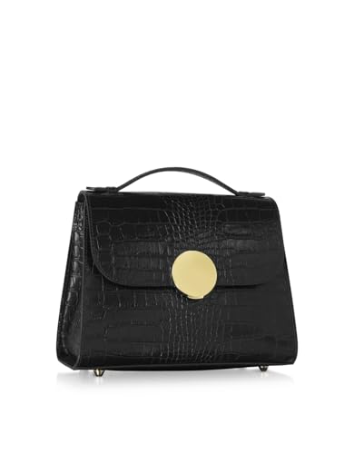 Bombo Croco Embossed Leather Satchel, Top-Handle Bag with Strap, 9.8 x 7.9 x 3.9 inches2