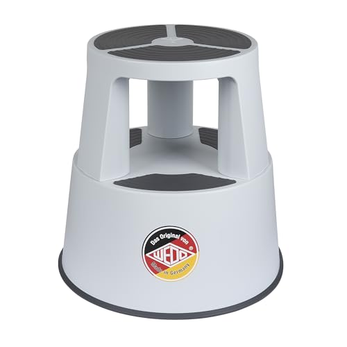 WEDO Rollhocker Super Step – robuster Tritthocker aus bruchfestem Kunststoff, TÜV/GS-geprüft nach EU-Norm EN 14183-F, rutschfest & rollbar, Made in Germany, Höhe ca. 43 cm, Tragkraft 150 kg, Lichtgrau