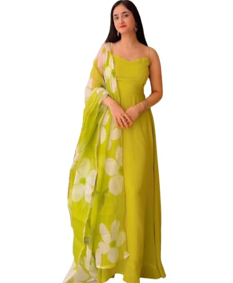 Image of Women's Georgette Sleeveless Maxi Long Gown with Duptta (580-SLEEVELESS-LIME)