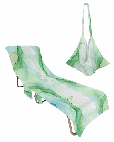 Teal Blue Marble Beach Lounge Chair Towel Cover, Soft Chaise Lounge Towel with Side Pockets Patio Pool Chairs Cover for Beach/Pool Sunbathing 29x85 Modern Luxury Ink Painting Abstract