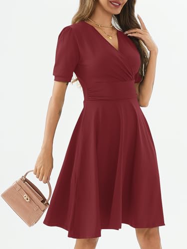 Image of Women's Summer Casual Dress Short Sleeve Wrap V-Neck A-Line Dress Sundress Wedding Guest Cocktail Midi Dresses