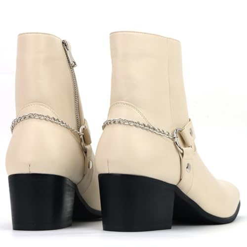 Men's Leather Chunky Heel Chelsea Boots Belt Buckle Chain Strap Casual Pointy Toe Side Zipper High Heel Boots Western Formal Dress Ankle Boots3