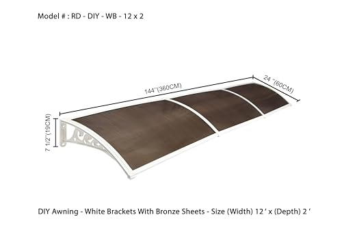 Image of CHENNAI Window Blinds and Shades DIY Polycarbonate Awning (Engineered Plastic Brackets) Window Sunshade Door Weather Shed Rain Canopy Awnings - 12'Widthx2'Depth (White Brackets & Bronze Sheets)