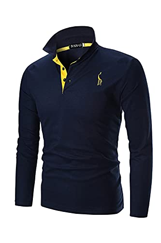 AIOIDI Polo Hombre Manga Larga Cuello Contraste Regular Fit Algodón Jirafa Bordado Tops,Azul 1,L Cover