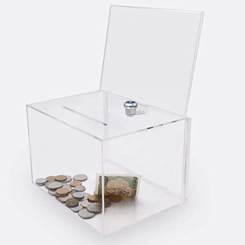 Acrylic Donation Box with Lock,Large Ballot Box with Sign Holder,Clear Plastic Suggestion Box for Fundraising Money Voting Charity Church，Secure and Safe,Bussiness Card Box,Tip Box