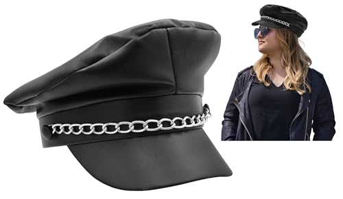 Nicky Bigs Novelties Black Faux Leather Biker Hat Chain-Accented Punk Rock Cap for Men, Women & Teens Costume Accessory for PRIDE Cosplay Halloween Concerts & Parades 59cm Unisex Fit