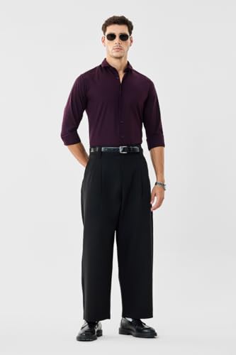 Image of SNITCH Men Casual Trousers | Baggy Fit Wide-Leg Design with Pleated Front & Button Closure | Durable Polyester Blend & Medium-Stretch Fabric for Summer Wear