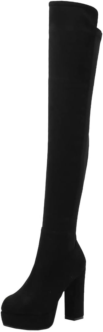 BEAUPAS Women's Thigh High Chunky Heel Platform Over The Knee Boots High Heel Round Toe Boots Zip Up Gothic Shoes