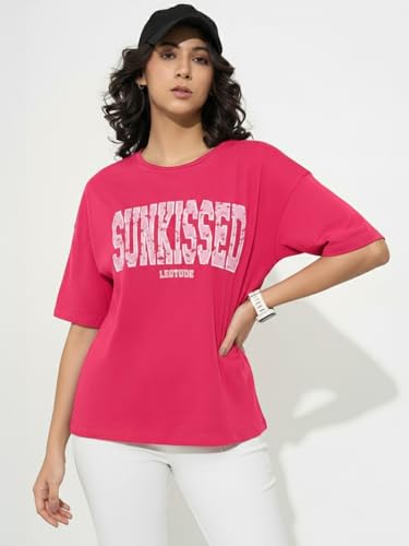Image of LEOTUDE Half Sleeve Cottonblend Oversized Tshirt for Women, Round Neck Longline Printed Raglan Sleeve Colourblocked Drop Shoulder Baggie T-Shirt Top for Woman (Color Pink)