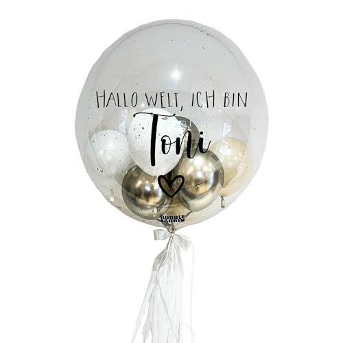 Hallo Welt - Bubble Fabrik - Personalisiertes Ballongeschenk: Durchsichtiger Heliumballon mit Bunten Ballons, Geschenk zu Geburt, Geschenkidee für Eltern