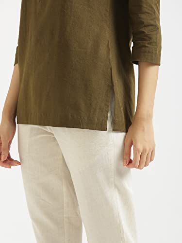 Image of SAADAA Women Short Kurti Airy Linen Regular Fit Kurta with 3 /4th Sleeves, Mandarin Collar, Side Slit Perfect for Casual, Formal, and Ethnic Wear