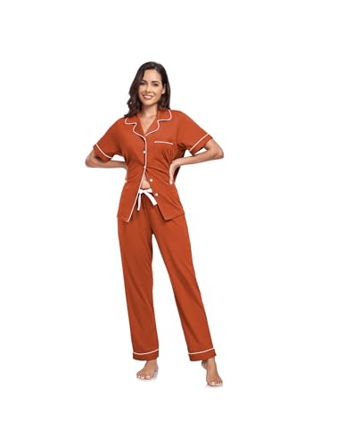 Image of CF Womens 100% Cotton Pajamas Set Button Down Pjs Sets Short Sleeve Top & Long Pants Sleepwear Comfy Loungewear with Pockets