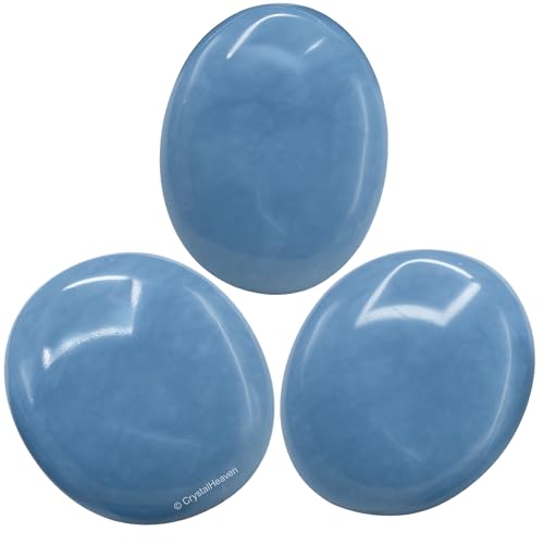 Image of Certified Angelite Crystal Palm Pebbles Stones for Anxiety Stress Relief Massage - AAA Grade Original Healing Gemstone Agate Palm Stone for Yoga Meditation Spiritual Reiki Feng Shui