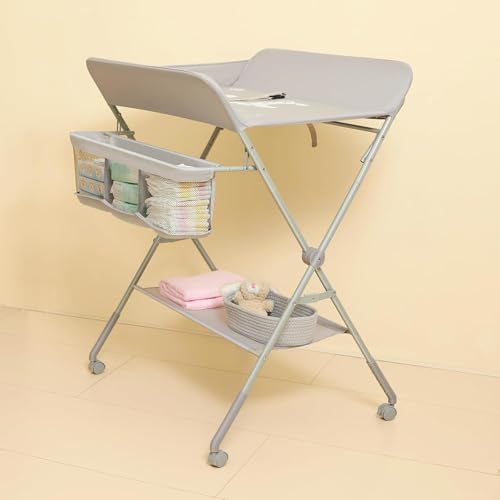 طاولة تغيير حفاضات الأطفال قابلة للطي بعجلات و5 مستويات ارتفاع قابلة للتعديل مع رف تخزين، طاولات تدليك لحديثي الولادة ومنظم حفاضات من جوجويا (رمادي)