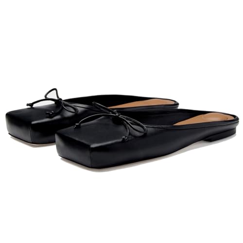SHODENSE Women Black Square Toe Bow Mule Flats Slip On Dress Mules Matte Comfortable Flat Heel Ballet Shoes Backless Bow Mule Shoes Snakeskin Animal Print Fashion Spring Fall Matte Black 8.5 M US