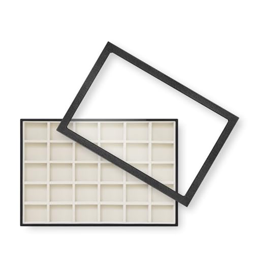Image of Wudygirl Jewelry Organizer 30 Grid Jewelry Tray with Lid Earring Holder Organizer for Women Ring Earring Bracelet Holder Storage (Pu Black Beige)