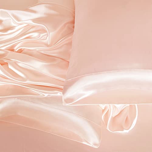 Homiest 4pcs Satin Sheets Set Luxury Silky Satin Bedding Set with Deep Pocket, 1 Fitted Sheet + 1 Flat Sheet + 2 Pillowcases (King Size, Champagne)