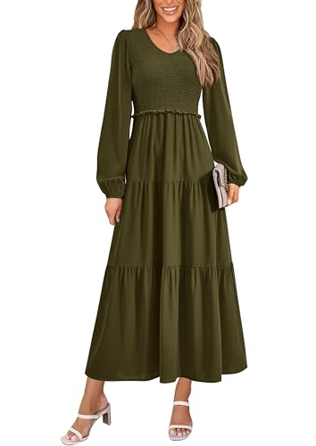 Image of PRETTYGARDEN Fall Dresses for Women 2025 Casual Long Sleeve V Neck Smocked A Line Long Flowy Wedding Guest Dress