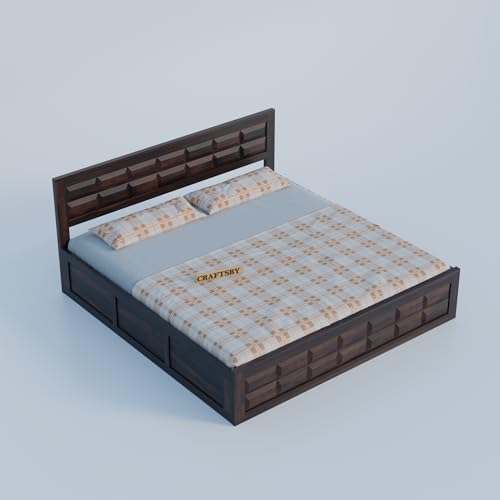 Image of Solid Sheesham Wood King Size Bed with Storage | Wooden Double Bed Cot for Bedroom & Home | Palang Double Bed with Designer Headboard | Walnut Finish, 81 x 74 Inch