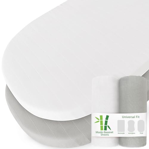 Image of Muslin Bassinet Sheets for Boys and Girls 2 Pack, Ultra Soft Muslin Fitted Baby Bassinet Sheet for Standard Bassinet Mattress(16''×32''/17"x32"/20''x33''), Grey & White